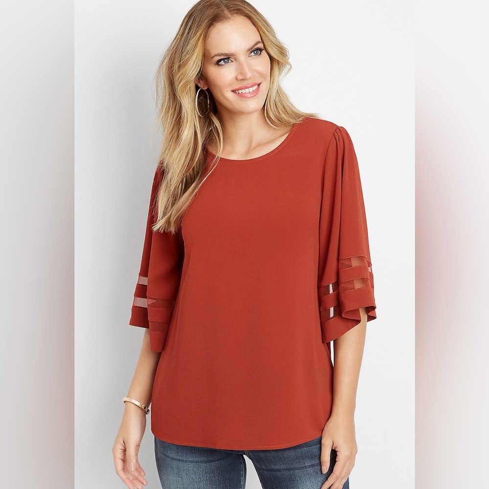 Maurice’s • Women's Rust Sheer Sleeve Accent Scoop Neck Blouse Top XS NWOT